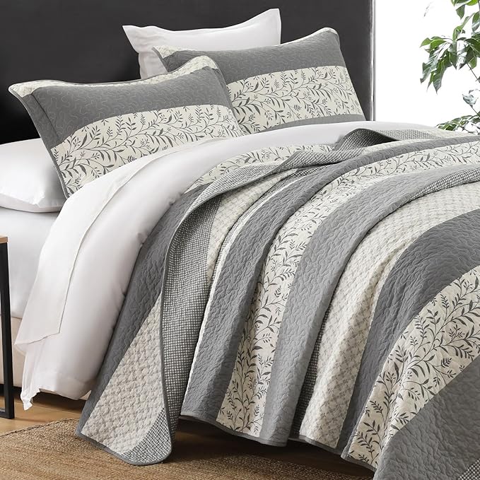 Stripe King Size Quilt - 100% Cotton Lightweight Quilt Bedding Set 3 Pieces, Vintage Vine Pattern Quilted Bedspread with 2 Pillow Shams, Farmhouse Printed Coverlet for All Season, Gray