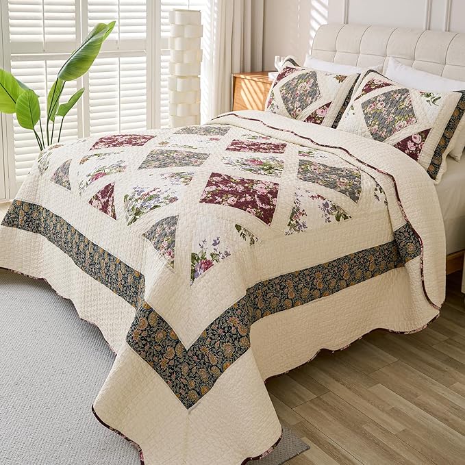Cmfshape Floral Quilt Sets Bedspread Set 100% Cotton Patchwork Bedding Set,All Season Use Lightweight Reversible Coverlet Quilts with 2 Pillow Shams(Queen 92"x96")