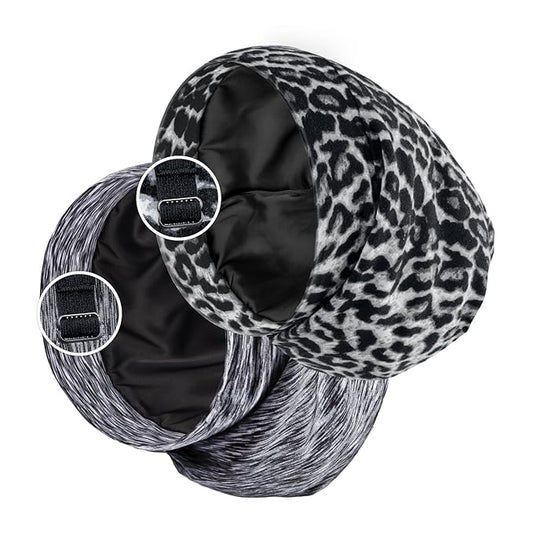 Satin Lined Sleep Cap Bonnet for Curly Hair and Braids, Stay On All Night Hair Wrap with Adjustable Strap for Women and Men, Grey and Black Leopard, Pack of 2
