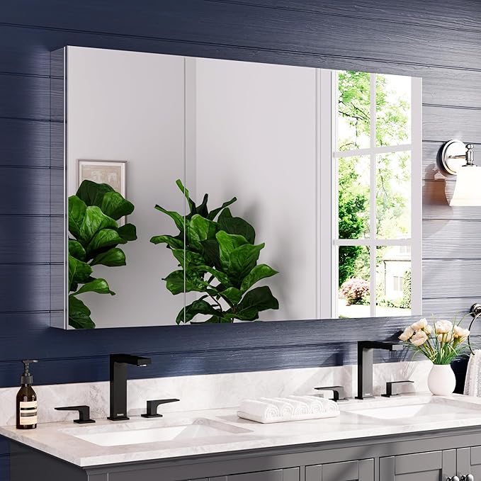 Medicine Cabinet 48" x 30", Bathroom Medicine Cabinet with Mirror, Recessed Medicine Cabinets with Adjustable Shelves, Soft-Closing Door, and Aluminum Alloy Frame - Reverse Installation, Silver