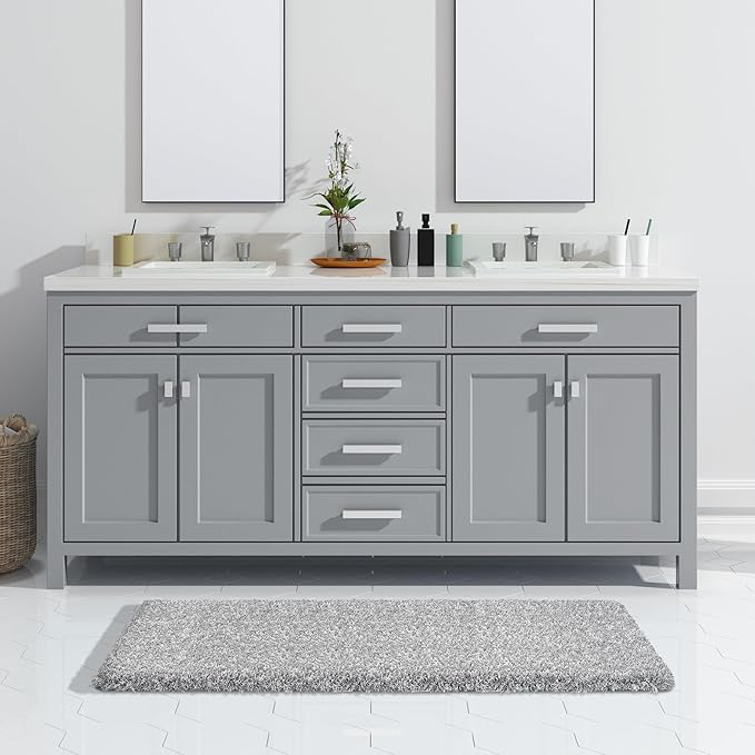 Yimobra Long Bathroom Rug 47"x 24", Super Absorbent Bath Mat, Quick Dry, Luxury Non-Slip Bath Rugs for Tub Side, Double Sink Vanity, Machine Washable, Home Decor Accessories, Light Gray and White