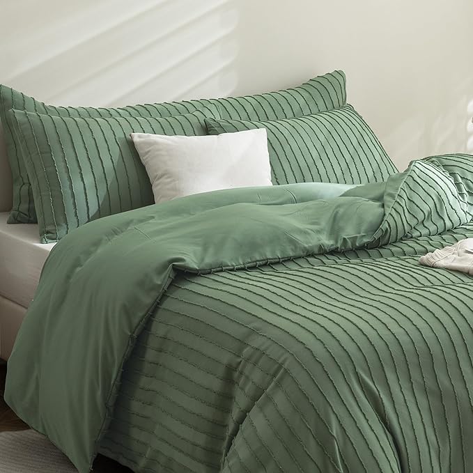 JELLYMONI Duvet Cover Super King Size Green - 3PCS Boho Striped Duvet Cover Set Polyester Tufted Bohemian Textured Comforter Cover 116×98in with Corner Ties & Zipper and 2 Pillowcases
