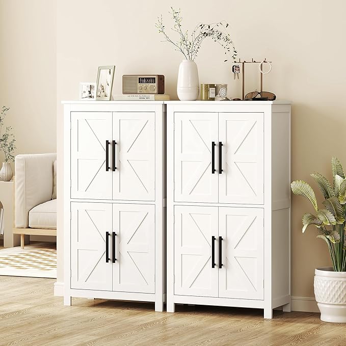 HOMCOM Farmhouse Bathroom Storage Cabinet with 4 Barn Doors, Bathroom Floor Cabinet with 2 Adjustable Shelf, Freestanding Storage Cupboard, White