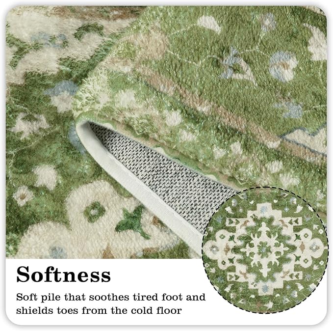 Uphome Boho Vintage Bathroom Rug Sage Green Non-Slip Soft Bathroom Mat Oriental Tribal Machine Washable Bath Rugs Traditional Floral Aesthetic Floor Mats for Shower Sink Tub, 20x31 inch