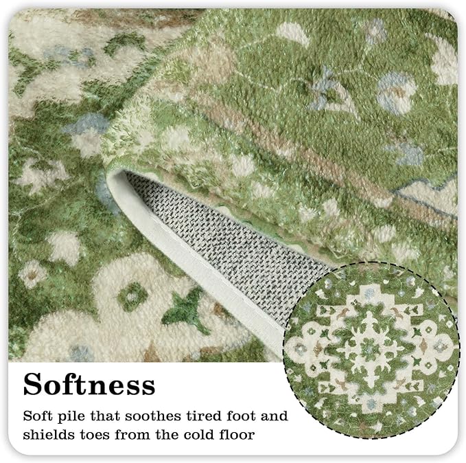 Uphome Boho Retro Large Bathroom Rugs Sage Green Non-Slip Soft Bedroom Runner Rug Oriental Floral Machine Washable Kitchen Rug Cute Farmhouse Floral Carpet for Hallway Laundry Kids Room, 24x59 inch