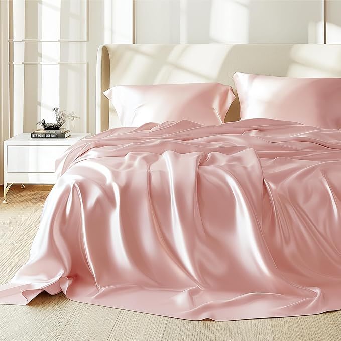 Bedsure Pink Satin Sheets Queen Size - 4 Piece Silky Bedsheets with 15 Inches Deep Pocket Fitted Bedsheet,1 Flat Sheet, 2 Satin Pillowcases, Good for Hair & Skin (Queen, Pink)