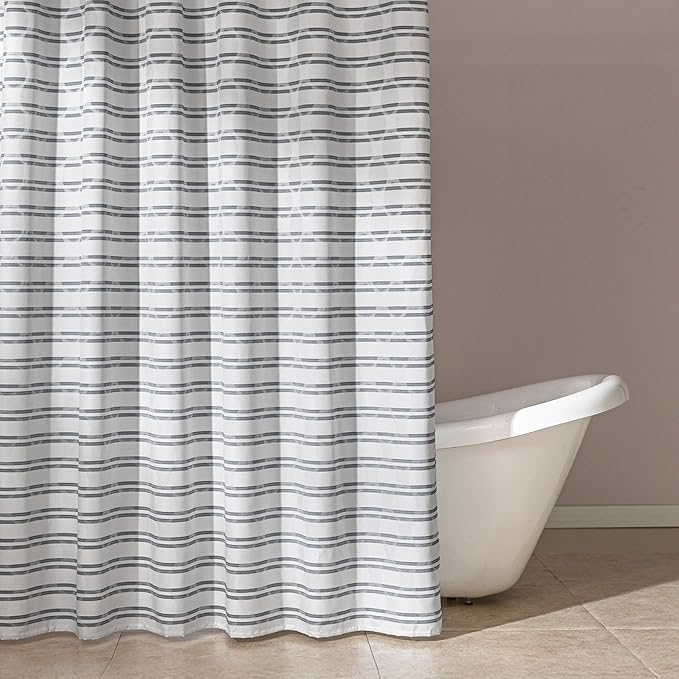 Amazon Basics Geometric Jacquard Fabric Shower Curtain for Bathroom, Lightweight, Waterproof and Washable, 72" W x 72" L, Grey Striped