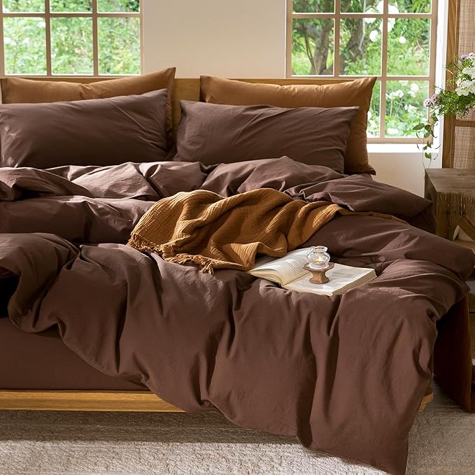 MooMee Bedding Duvet Cover Set 100% Washed Cotton Linen Like Textured Breathable Durable Soft Comfy (Solid Cocoa Brown, Super King 108"x98")