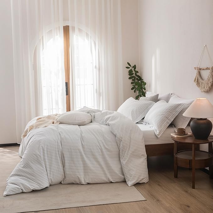 Stripe Linen Feel Duvet Cover Queen Size 90inch x 90inch,100% Washed Cotton Duvet Cover with Zipper Closure and 2 Pillowcases, Stripe of White-Cornflower Blue