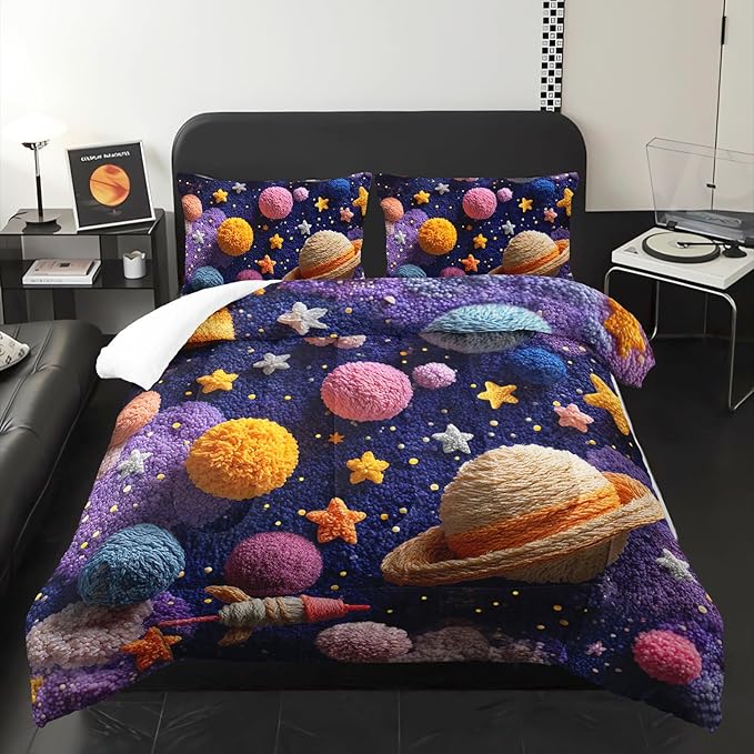 Puple Pink Galaxy Comforter Queen Size，Galaxy Theme Bedding Set Queen for Kids