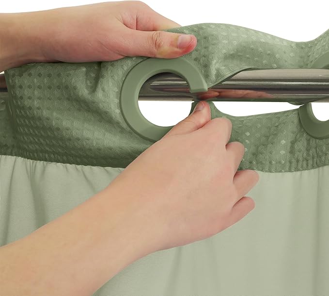 River Dream Green Heavyweight No Hooks Required Shower Curtain with Snap in Liner - Dotted Waffle Weave,Hotel Grade,Spa Like Bath Curtain,71W x 74H