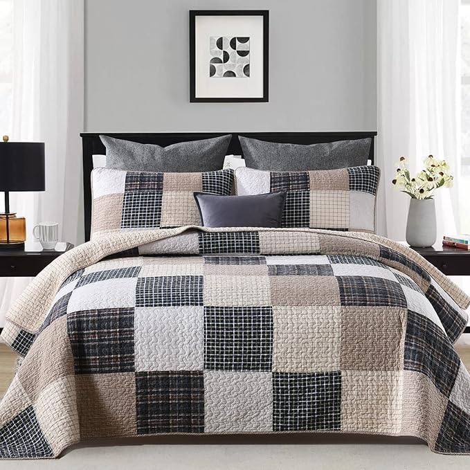 Y-PLWOMEN Quilts Queen Size, 100% Cotton Queen Quilt Set, Brown Khaki Black White Patchwork Plaid Queen Size Bedspread, Lightweight Reversible Soft Summer Quilt Bedding Set, 3-Pieces