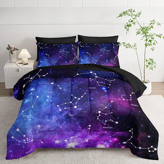 7pc Space Comforter Set - Galaxy Bedding, Starry Night Bed in a Bag, Includes Sheets, Soft Microfiber, All Season, Queen Size