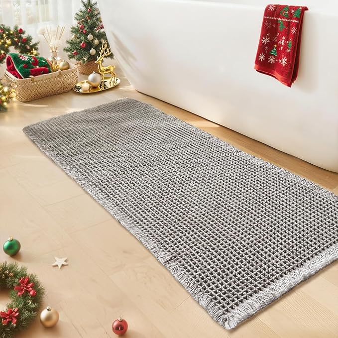 Waffle Bath Mat - Boho Bathroom Rugs Non Slip Washable, Super Absorbent & Quick Dry, Soft Bath Mat Farmhouse Bathroom Decor, 24'' x 48'', Light Grey