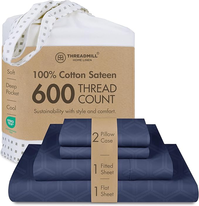 Threadmill 100% Cotton Sheets for Full Size Bed - 600 Thread Count Full Bed Sheets Set with 16” Deep Pocket - Jacquard Sateen Weave 4-Piece Bedding Set with Cooling Effect, Folkstone Blue