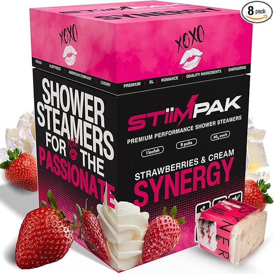 Shower Steamers | Stocking Stuffers | SYNERGY | XXL 80g | Intimacy & Self Care Aromatherapy | Caffeine, L-Theanine & Menthol | Christmas Gift for Women | Strawberry Vanilla | STiiMPAK (8 Pak + Loofah)