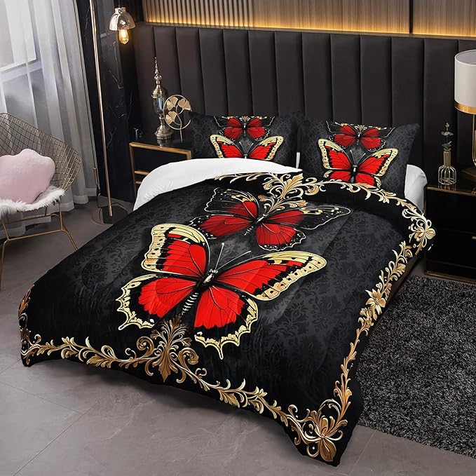 Red and Gold Butterfly Comforter Sets Queen Size Bed Set，Gothic Queen Size Bedding Set，with 1 Comforter with 2 Pillow Case，Butterfly Themed Bedroom Decor