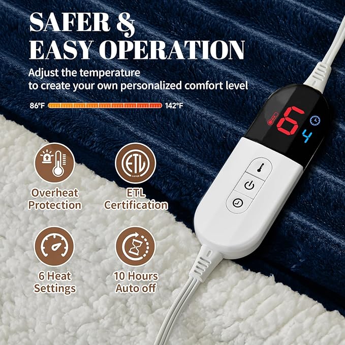 Electric Heated Blanket Full Size - 72"x84" Fast Heating Bed Blankets with 6 Heating Levels & 10 Hours Auto Off, Soft Ribbed Flannel Sherpa, Over-Heated Protection ETL, Navy Blue