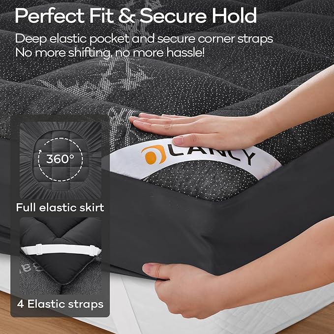 OLANLY King Mattress Topper – Viscose Made from Bamboo, Cooling Soft King Pillow Top Mattress Pad for Back Pain Relief, Plush Down Alternative Fill Bed Topper with Elastic Deep Pocket, Dark Gray