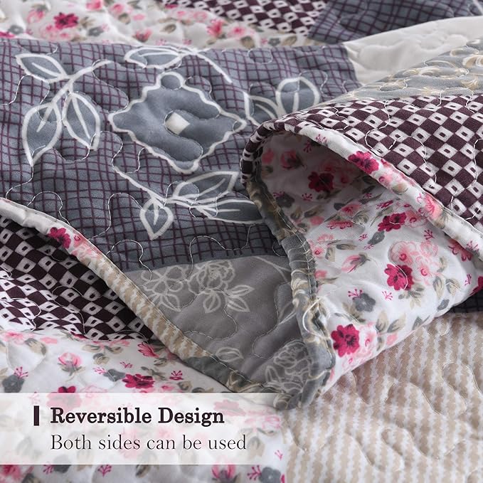 ENJOHOS Farmhouse Quilts King Size - King Quilt Set Grey Bedspread Reversible Patchwork Floral Coverlet Set, Microfiber Lightweight Country Quilts Bedding Set with 2 Pillow Shams（Grey Flower Plaid2）