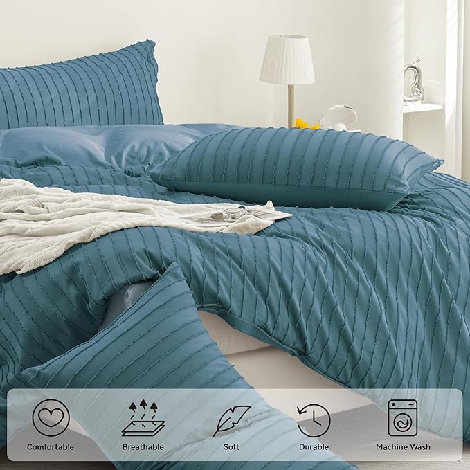 JELLYMONI Duvet Cover Queen Size Grayish Blue - 3PCS Boho Striped Duvet Cover Set Polyester Tufted Bohemian Textured Comforter Cover 90×90in with Corner Ties & Zipper and 2 Pillowcases