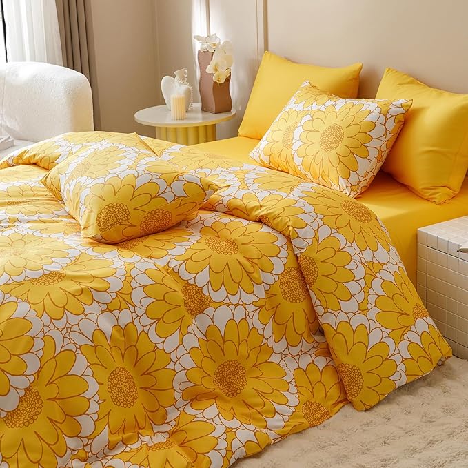 KAREVER Yellow Sunflower Comforter Set Queen Size Yellow Sunflower Bedding Set 3 PCs Comforter Set Queen Size Fluffy Linen Comforter Sets