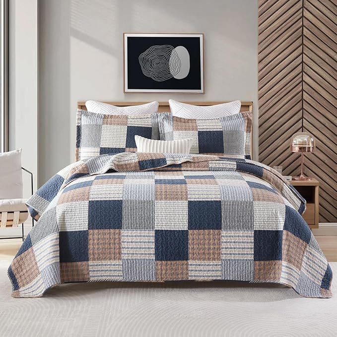 Uniclinens Plaid Quilt Set Queen Size, 100% Cotton Patchwork Plaid Quilt Bedding Set Bedspreads, Farmhouse Lightweight Comforter Quilted Quilt, 3 Pieces Set with 2 Pillowshams, Navy/Brown/White