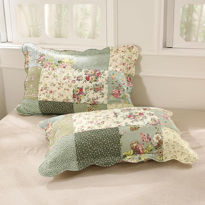 vctops Boho Patchwork Cotton Quilted Bedspread Quilt Set Queen Size 3 Pieces Soft Reversible Lightweight Coverlet Set Floral Print 1 Quilt and 2 Pillow Shams (Green D,Queen)