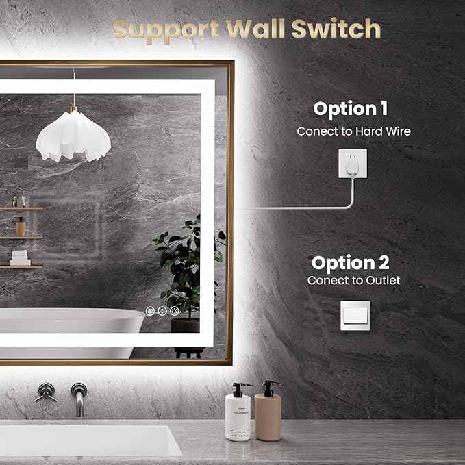 Amorho 60"x 40" LED Bathroom Mirror, Golden Metal Framed Mirror with Front Light and Backlit, Stepless Dimmable, Anti-Fog, Shatter-Proof, Memory, 3 Colors
