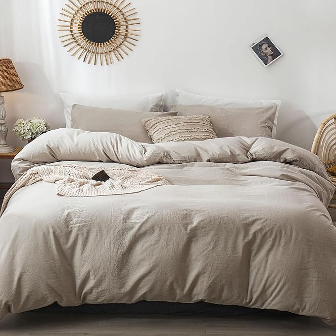 MooMee Bedding Duvet Cover Set 100% Washed Cotton Linen Like Textured Breathable Durable Soft Comfy (Heathered Tannish Linen Grey, Palatial King/Oversized King 120"x98")