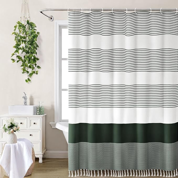 Awellife Dark Green Shower Curtain for Bathroom Boho Stripe Shower Curtain with Tassel 72 X 72 Inches Farmhouse Cotton