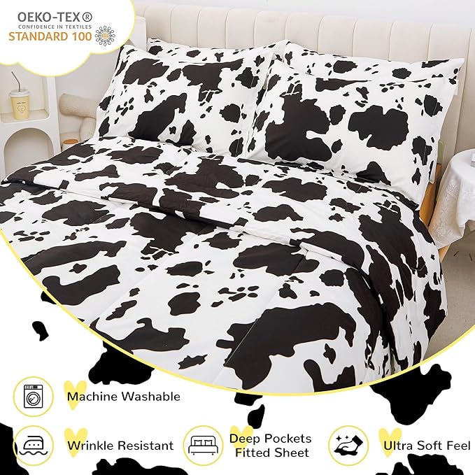 Viviland Kids Twin Bedding Sets for Girls, Boys Soft Twin Comforter Set with Sheets, 5 Pieces Microfiber Bed in a Bag, Cow Animal