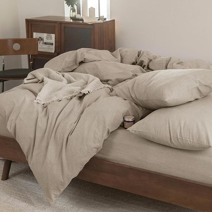 FOSSA Duvet Cover Set 100% Washed Cotton Linen Feel Super Soft Breathable Cozy 3 Pieces Bedding Sets Solid Tannish Linen Grey Super King