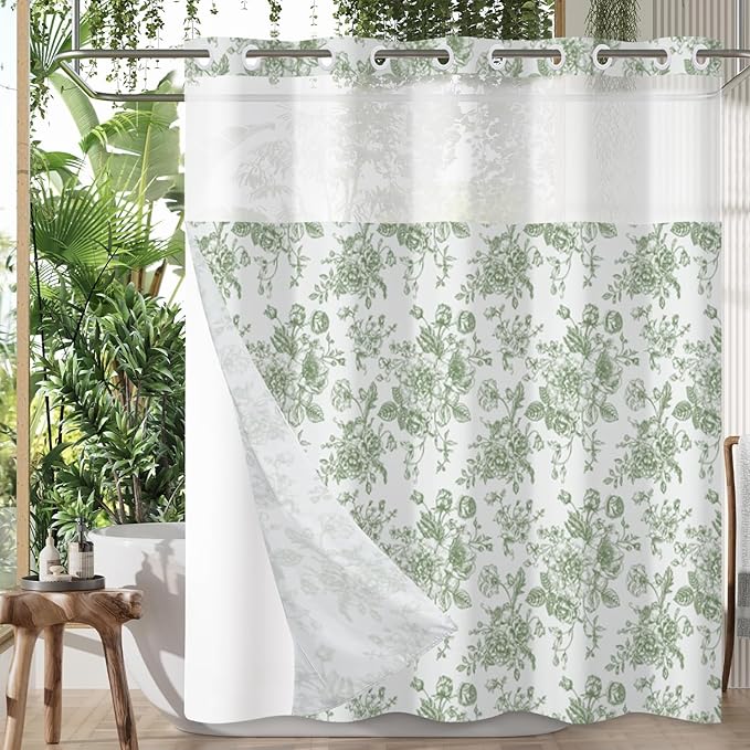Floral Shower Curtain No Hooks with Snap in Fabric Liner Set,Spring Farmhouse Shower Curtain Hotel Bathroom Decor,with See Through Top Window,Green Flowers Fabric Waterproof,71x74 Inch