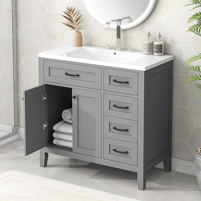 Favfurish 36" Bathroom Vanity with Sink Combo,Bathroom Vanity Cabinet with Two Soft-Closing Doors and Four Drawers,Free Stading Vanities w/Modern Design,for Bathroom,Easy Assembly,Grey