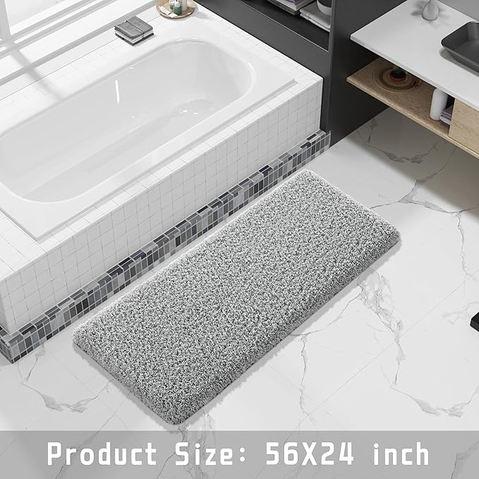 Yimobra Fluffy Plush Bath Rug, Super Shaggy Soft Comfortable Non Slip, Water Absorbent Microfiber Bath Mat, Dries Quickly, Machine Washable Thick Bathroom Rugs for Shower, 56"x 24", Pure Gray