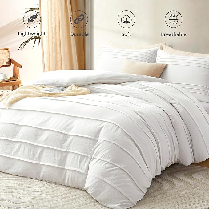 Oli Anderson White Duvet Cover Twin Size - Pleated Twin Duvet Cover, 2PCS Soft and Breathable Textured Bedding Set with Zipper Closure(White,68"x90")
