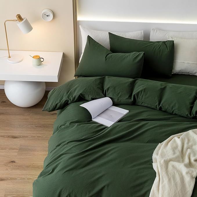 JIYUAN 100% Washed Cotton Duvet Cover Set 3 Pieces Oversized Queen, 1 Duvet Cover 98x98 Inches(Comforter Not Included) and 2 Pillowcases,Linen Feel Bedding Set Comfy and Breathable,Forest Green