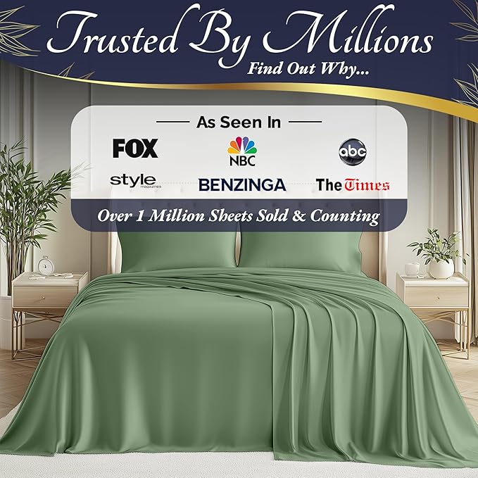 DECOLURE 100% Viscose Derived from Bamboo Sheets Queen Size 4pcs - Ultra Soft & Luxuriously Cooling, 17" Deep Pocket, Double Stitching, Perfect for Hot Sleepers - Queen Bed Sheets (Sage Green)