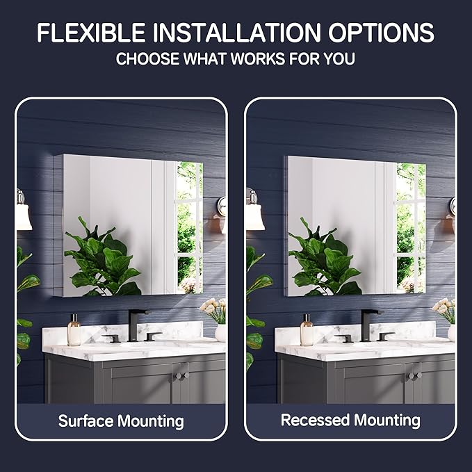 Medicine Cabinet 36" x 30", Bathroom Medicine Cabinet with Mirror, Recessed Medicine Cabinets with Adjustable Shelves, Soft-Closing Door, and Aluminum Alloy Frame - Reverse Installation, Silver
