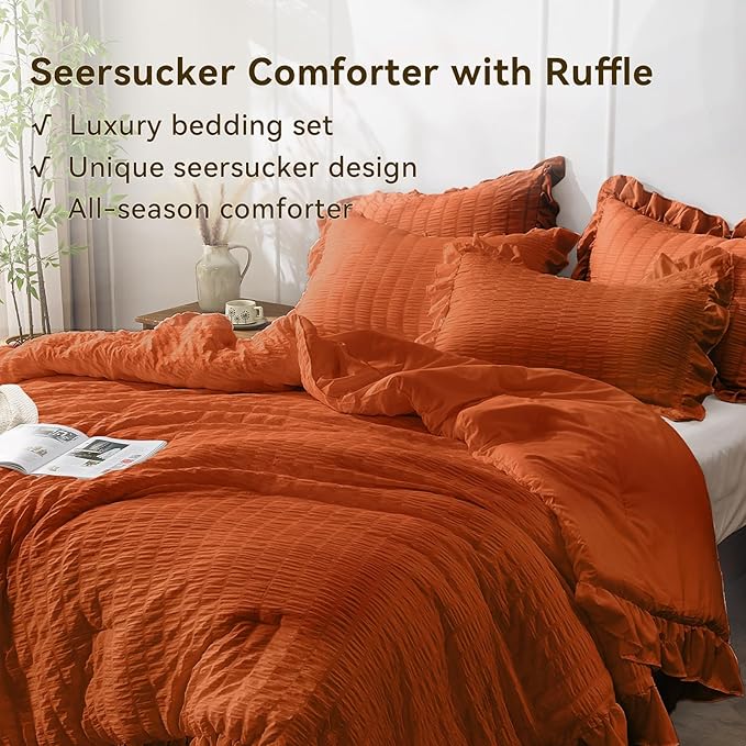JOLLYVOGUE Burnt Orange Comforter Full Size, 3 Pieces Seersucker Lightweight Full Size Bedding, All Season Fluffy Microfiber Bedding Comforter Set with 1 Ruffle Comforter and 2 Ruffle Pillowshams