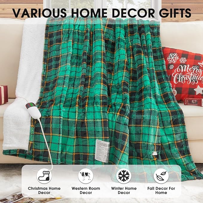 Green Heated Blanket Electric Throw 50X60, Heating Blanket for Couch, Plaid Sherpa Winter Blankets Warmer, 10 Levels & 8-Hour Auto Off, Fast Heated House Warming Gifts New Home Christmas Decor for Mom