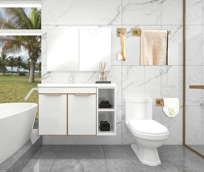 SHUNLI Gold Toilet Paper Holder + Hand Towel Holder, Brushed Gold Bathroom Accessories Hardware Set 2 Pieces, Wall Mounted Towel Ring Towel Bar, SUS304 Stainless Steel
