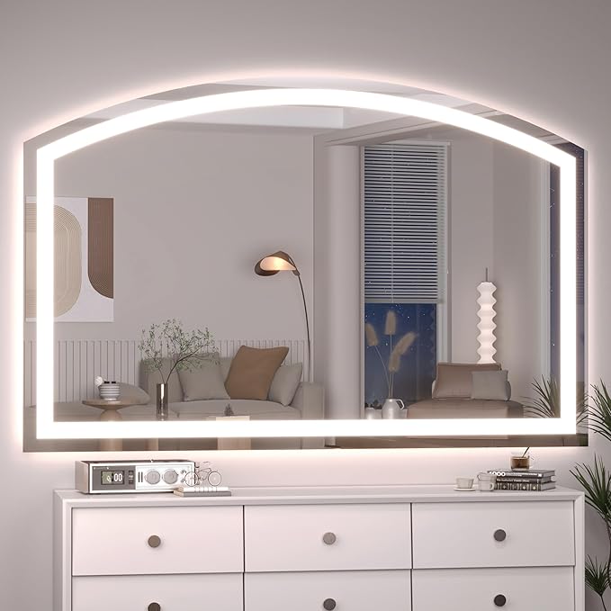 Hasipu 55x36 Inch LED Bathroom Mirror Arch Vanity Mirror with Lights Frontlit Smart Touch Sensor Dimmable 3 Colors Temperature Shatterproof Wall-Mounted Vanity Mirror Metal Frame