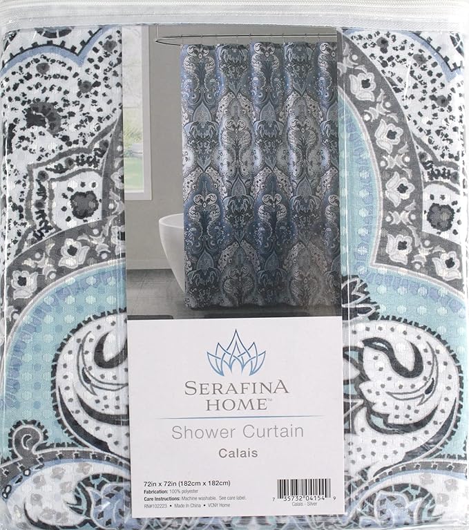 Decorative Blue & Silver Grey Gray Boho Fabric Shower Curtain, Modern Farmhouse for Vintage Rustic Bathroom Decor, Floral Victorian, 72 x 70