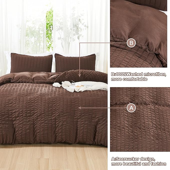 AveLom Brown Duvet Cover Full(80 x 90 inches), 3 Pieces (1 Duvet Cover, 2 Pillow Cases),Seersucker Tripe Soft Washed Microfiber Textured Duvet Cover Set with Zipper Closure, Corner Ties