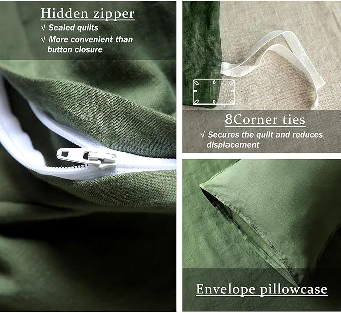XZ XIFA Green Linen Duvet Cover Queen, 100% Washed French Flax Linen Bedding with Zipper Closure, Cooling for Hot Sleepers, Textured Bed Sets - 1 Duvet Cover and 2 Pillowcases.