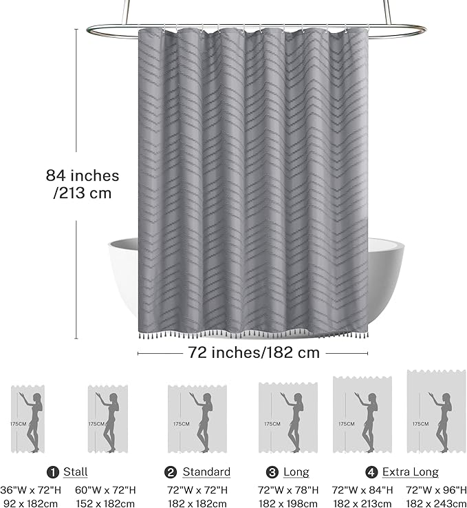 Extra Long Shower Curtains 72 x 84 Inches Tufted Chevron Gray Shower Curtains Fabric for Bathroom Modern Shabby Chic Waterproof Cloth Shower Curtain