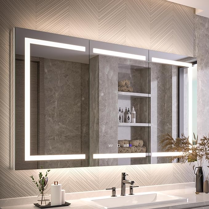 Lighted Medicine Cabinet with Mirror 60"x36" Recessed LED Medicine Cabinet Mirror, Front&Backlit, Anti-Fog, Stepless Dimming, 3-Color Temperatures, Magnifier, 2 Outlets, Storage Shelves, ETL Certified