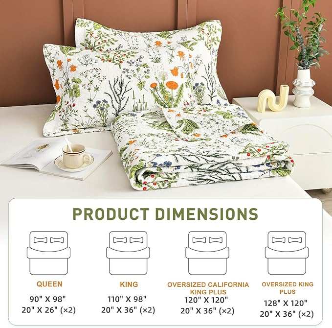 Lady Ann Oversized King Quilt Bedspreads 120x120-100% Cotton Floral California King Size Quilt Bedding Set Yellow Flowers & Leaves Pattern Plant Botanical Printed Quilted Coverlet Set, 3 Pcs